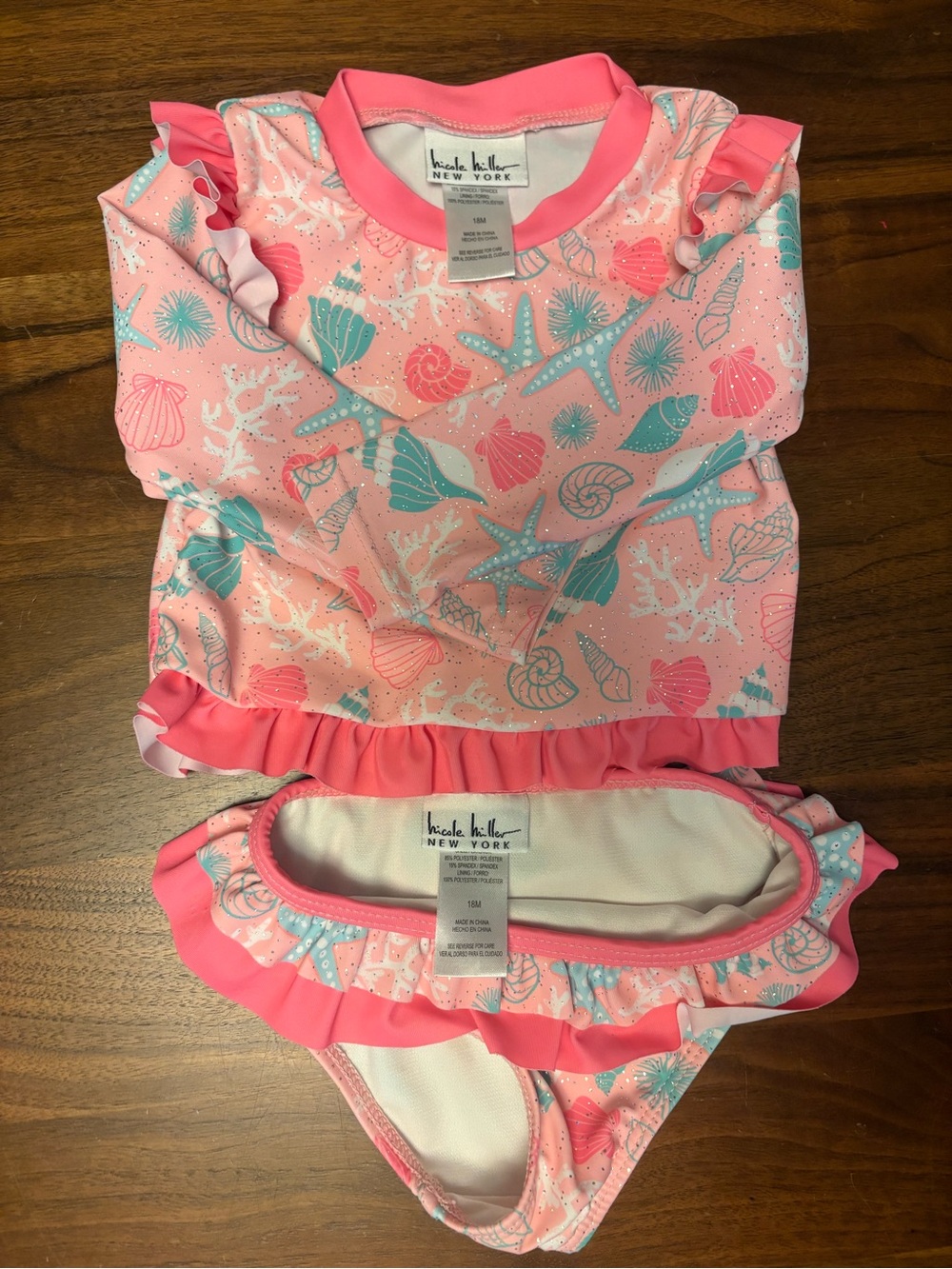 Nicole Miller Pink and Aqua Seashell Ruffle Two-Piece Swim Set